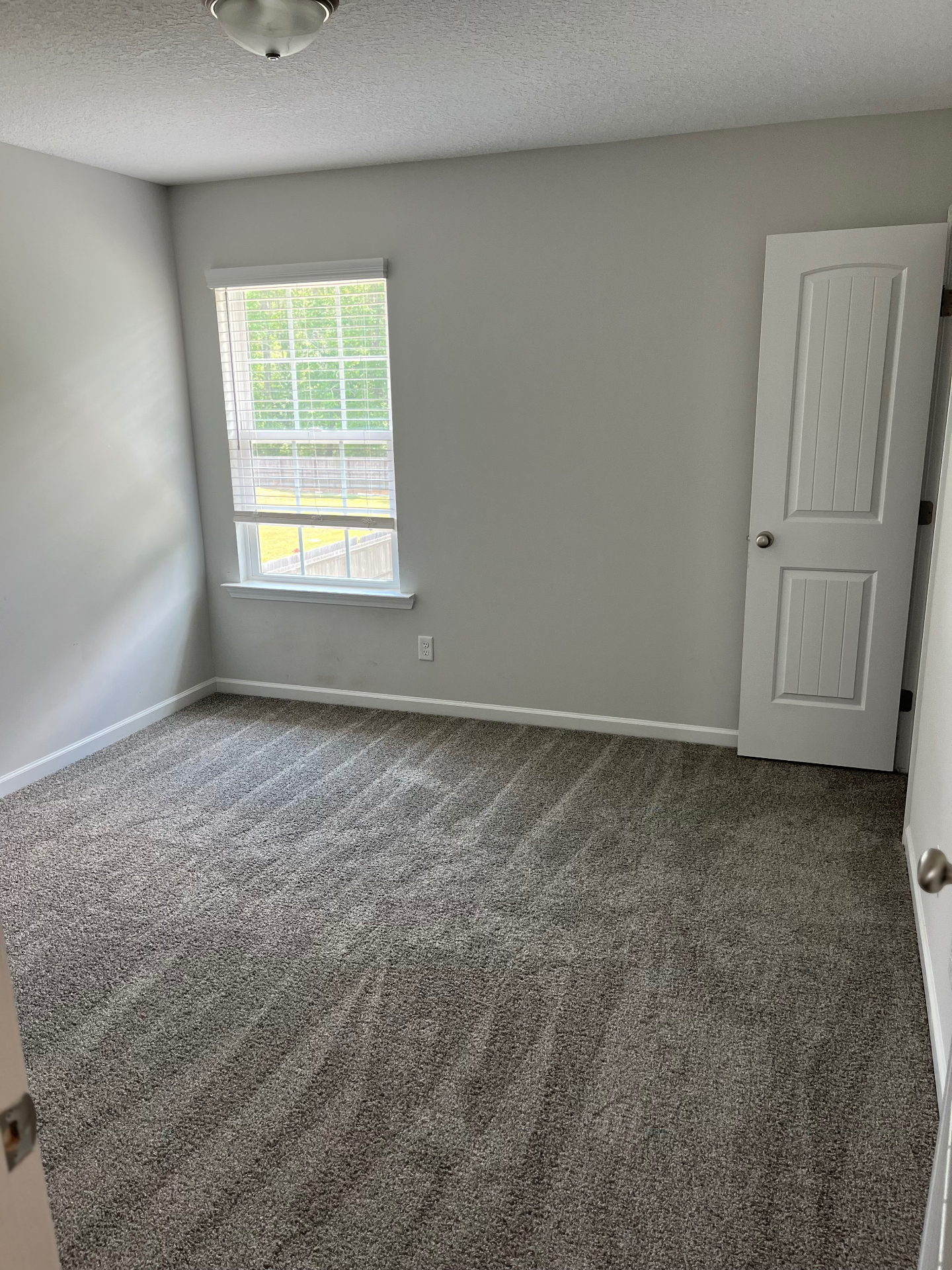 Gray carpet in an empty bedroom with white baseboards and a window